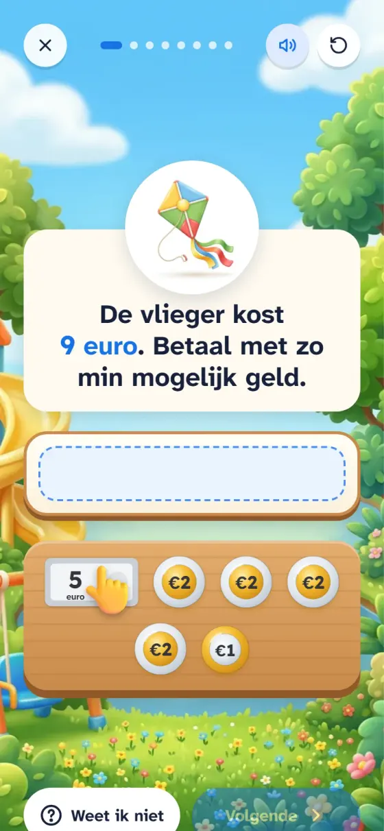Een rekenvraag in de parkwereld: De vlieger kost 9 euro. Betaal met zo min mogelijk geld. Onderaan munten van 1 en 2 euro en een briefje van 5.