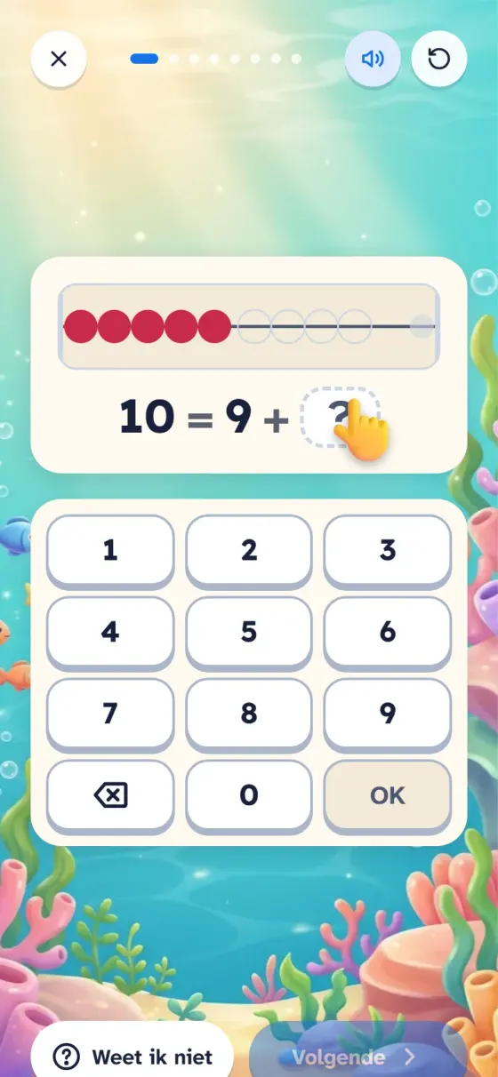 Een plussom met het rekenrek in de zeewereld: 10 is 9 plus wat? Daaronder een toetsenbord met de cijfers 0 tot en met 9, een OK-knop en de knop Weet ik niet.