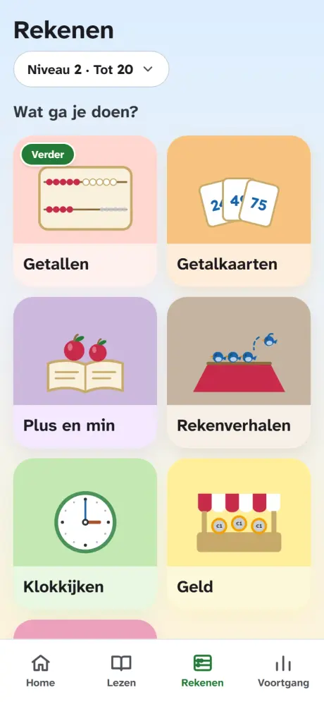 Het rekenmenu van Smartinga op Niveau 2: kaarten Getallen, Getalkaarten, Plus en min, Rekenverhalen, Klokkijken en Geld.