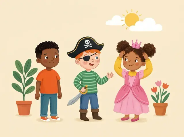 Drie kinderen: een jongen in een oranje shirt, een piraat en een prinses.