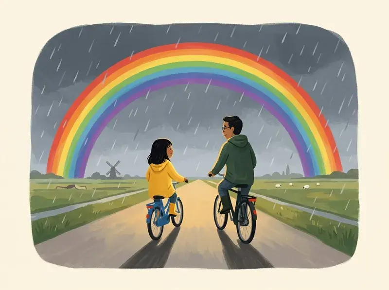 Een kind en een volwassene fietsen over een weg onder een regenboog.